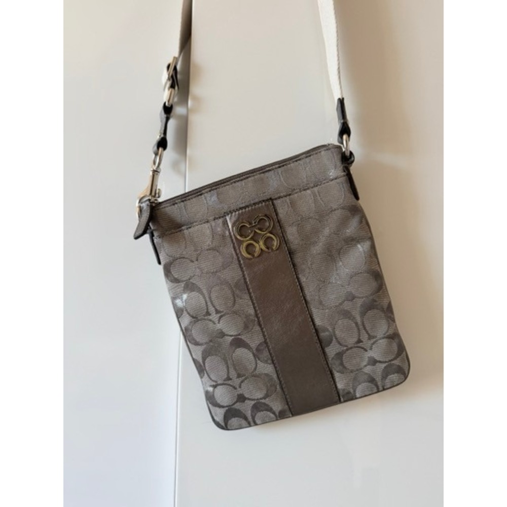 Coach Metallic Signature C Grey Crossbody Swingpack Web Strap Bag